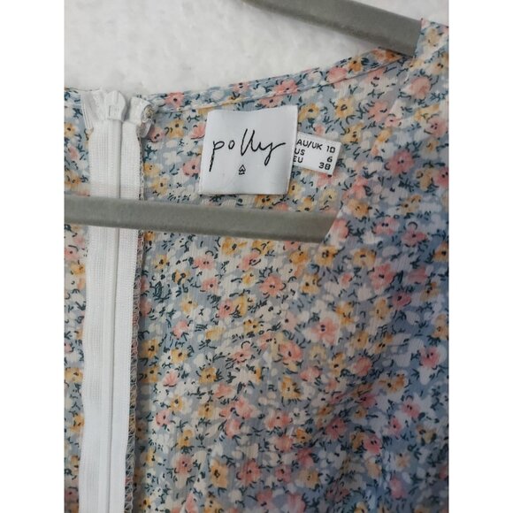 Women's Polly Blue Floral Sheer Midi Dress Short Sleeve Size 6 Summer Casual - Picture 2 of 10